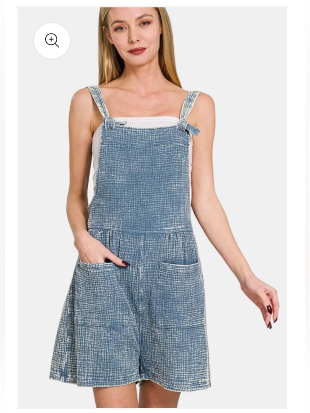 ZENANA Woven Double Gauze Acid Washed Romper / DUSTY BLUE NWT
